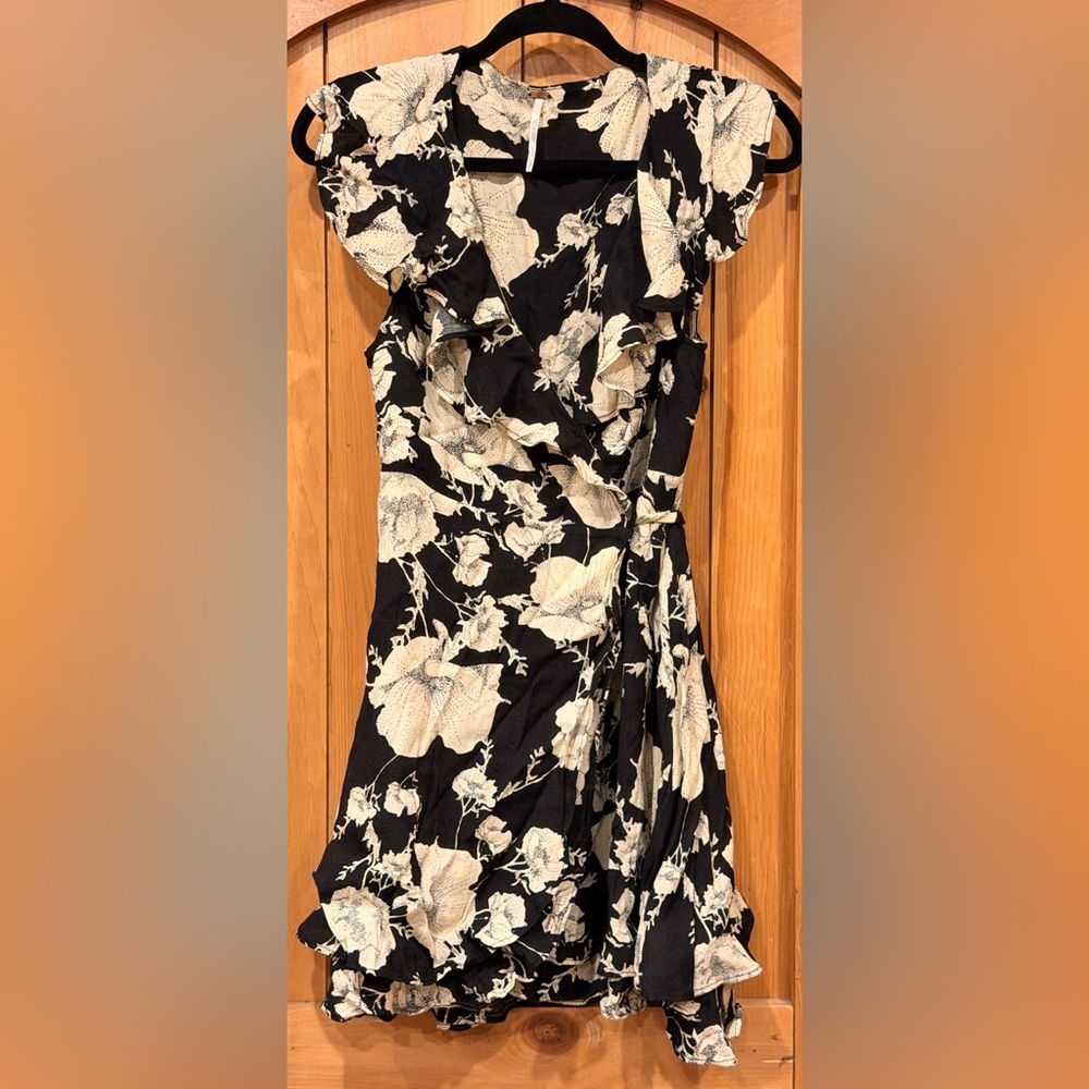 Free People- Asymmetrical Black and Cream Floral Mini Wrap Dress